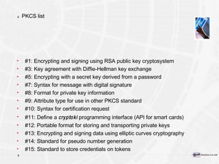 PKCS list #1: Encrypting and signing using RSA public key cryptosystem #3: Key agreement with Diffie-Hellman key exchange #5: Encrypting with a secret key derived from a password #7: Syntax for message with digital signature #8: Format for private key information #9: Attribute type for use in other PKCS standard #10: Syntax for certification request #11: Define a  cryptoki  programming interface (API for smart cards) #12: Portable format for storing and transporting private keys #13: Encrypting and signing data using elliptic curves cryptography #14: Standard for pseudo number generation #15: Standard to store credentials on tokens 