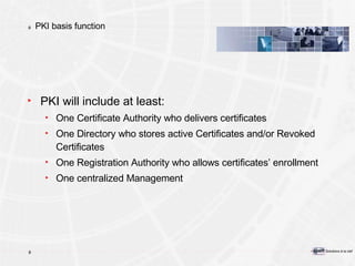 PKI basis function PKI will include at least: One Certificate Authority who delivers certificates One Directory who stores active Certificates and/or Revoked Certificates One Registration Authority who allows certificates’ enrollment One centralized Management 
