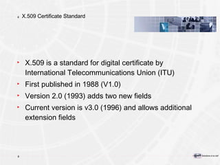 X.509 Certificate Standard X.509 is a standard for digital certificate by International Telecommunications Union (ITU) First published in 1988 (V1.0) Version 2.0 (1993) adds two new fields Current version is v3.0 (1996) and allows additional extension fields 