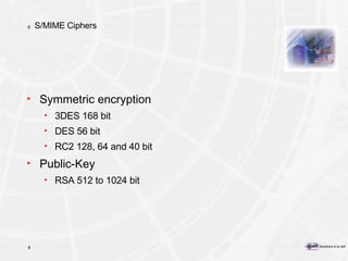 S/MIME Ciphers Symmetric encryption 3DES 168 bit DES 56 bit RC2 128, 64 and 40 bit Public-Key RSA 512 to 1024 bit 