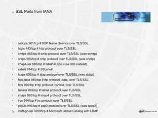 SSL Ports from IANA nsiiops 261/tcp # IIOP Name Service over TLS/SSL  https 443/tcp # http protocol over TLS/SSL  smtps 465/tcp # smtp protocol over TLS/SSL (was ssmtp)  nntps 563/tcp # nntp protocol over TLS/SSL (was snntp)  imap4-ssl 585/tcp # IMAP4+SSL (use 993 instead)  sshell 614/tcp # SSLshell  ldaps 636/tcp # ldap protocol over TLS/SSL (was sldap)  ftps-data 989/tcp # ftp protocol, data, over TLS/SSL  ftps 990/tcp # ftp protocol, control, over TLS/SSL  telnets 992/tcp # telnet protocol over TLS/SSL  imaps 993/tcp # imap4 protocol over TLS/SSL  ircs 994/tcp # irc protocol over TLS/SSL  pop3s 995/tcp # pop3 protocol over TLS/SSL (was spop3)  msft-gc-ssl 3269/tcp # Microsoft Global Catalog with LDAP 