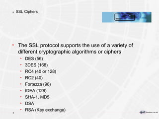SSL Ciphers The SSL protocol supports the use of a variety of different cryptographic algorithms or ciphers DES (56) 3DES (168) RC4 (40 or 128) RC2 (40) Fortezza (96) IDEA (128) SHA-1, MD5 DSA RSA (Key exchange) 