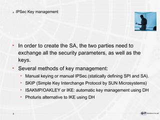 IPSec Key management In order to create the SA, the two parties need to exchange all the security parameters, as well as the keys. Several methods of key management: Manual keying or manual IPSec (statically defining SPI and SA).  SKIP (Simple Key Interchange Protocol by SUN Microsystems) ISAKMP/OAKLEY or IKE: automatic key management using DH Photuris alternative to IKE using DH 