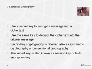 Secret-Key Cryptography Use a secret key to encrypt a message into a ciphertext Use the same key to decrypt the ciphertext into the original message Secret-key cryptography is referred also as symmetric cryptography or conventional cryptography The secret key is also known as session key or bulk encryption key 