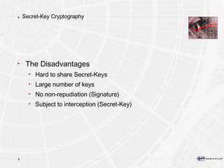 Secret-Key Cryptography The Disadvantages Hard to share Secret-Keys Large number of keys No non-repudiation (Signature) Subject to interception (Secret-Key) 