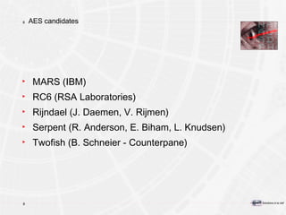 AES candidates MARS (IBM) RC6 (RSA Laboratories) Rijndael (J. Daemen, V. Rijmen) Serpent (R. Anderson, E. Biham, L. Knudsen) Twofish (B. Schneier - Counterpane) 