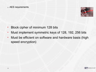 AES requirements Block cipher of minimum 128 bits Must implement symmetric keys of 128, 192, 256 bits  Must be efficient on software and hardware basis (high speed encryption) 