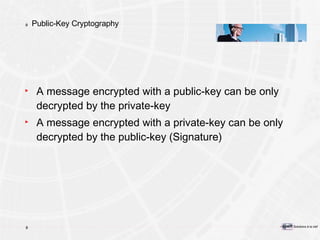 Public-Key Cryptography A message encrypted with a public-key can be only decrypted by the private-key A message encrypted with a private-key can be only decrypted by the public-key (Signature) 