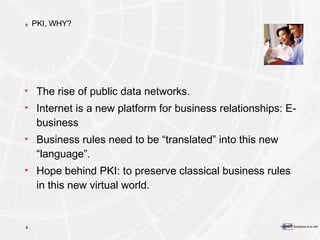 PKI, WHY? The rise of public data networks. Internet is a new platform for business relationships: E-business Business rules need to be “translated” into this new “language”. Hope behind PKI: to preserve classical business rules in this new virtual world. 