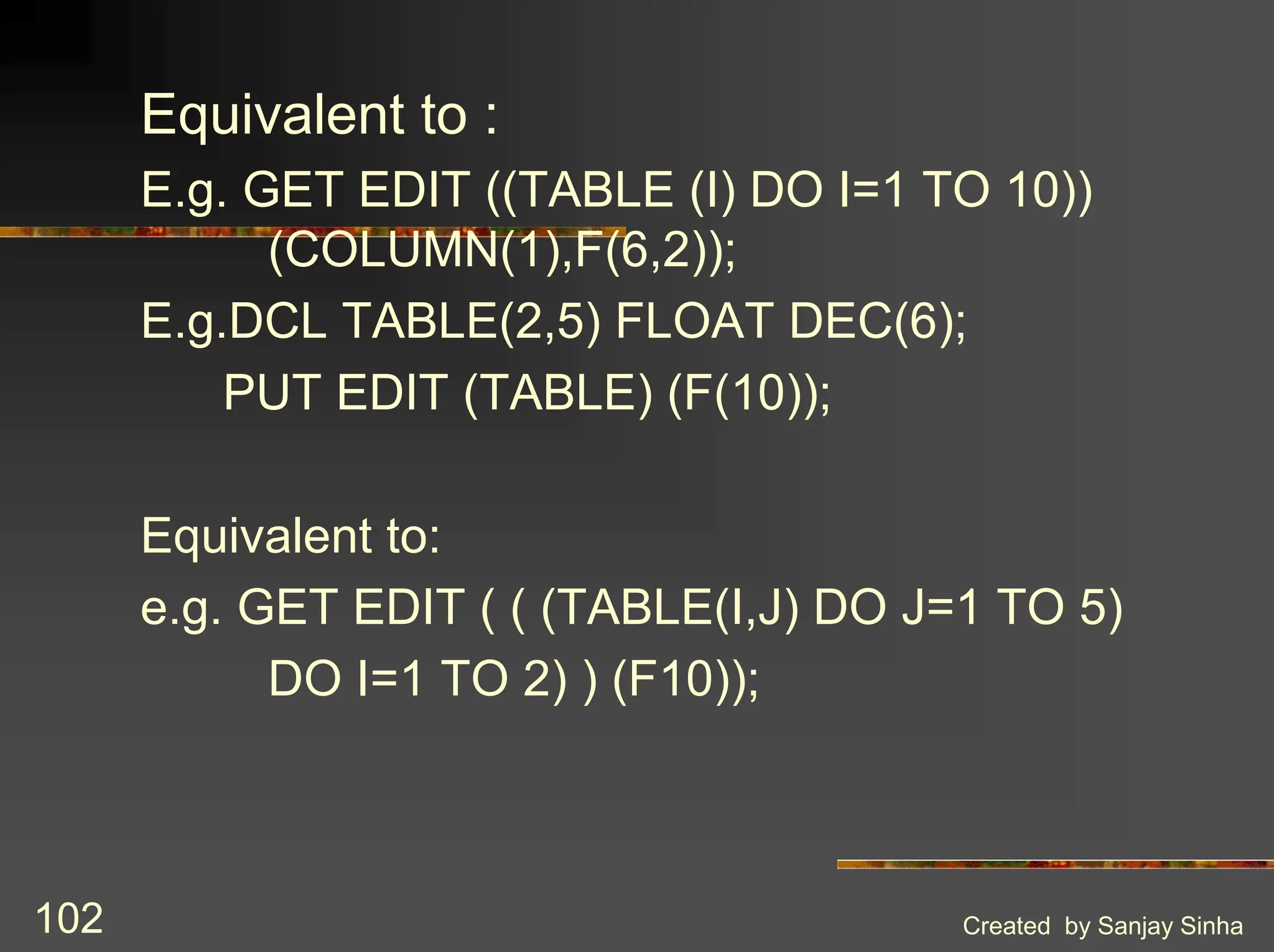 Created by Sanjay Sinha 102 Equivalent to : E.g. GET EDIT ((TABLE (I) DO I=1 TO 10)) (COLUMN(1),F(6,2)); E.g.DCL TABLE(2,5) FLOAT DEC(6); PUT EDIT (TABLE) (F(10)); Equivalent to: e.g. GET EDIT ( ( (TABLE(I,J) DO J=1 TO 5) DO I=1 TO 2) ) (F10)); 