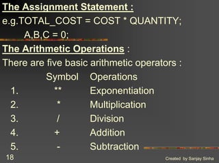 Created by Sanjay Sinha
18
The Assignment Statement :
e.g.TOTAL_COST = COST * QUANTITY;
A,B,C = 0;
The Arithmetic Operations :
There are five basic arithmetic operators :
Symbol Operations
1. ** Exponentiation
2. * Multiplication
3. / Division
4. + Addition
5. - Subtraction
 