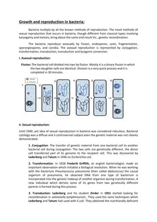 Growth and reproduction in bacteria:
Bacteria multiply by all the known methods of reproduction. The novel methods of
sexual reproduction that occurs in bacteria, though different from classical types involving
karyogamy and meiosis, bring about the same end result Viz., genetic recombination.
The bacteria reproduce asexually by fission, endospores, cysts, fragmentation,
sporangiospores, and conidia. The asexual reproduction is represented by conjugation,
transformation, transduction, transduction and lysogenic conversion.
I. Asexual reproduction:
Fission: The bacterial cell divided into two by fission. Mostly it is a binary fission in which
the two daughter cells are identical. Division is a very quick process and it is
completed in 30 minutes.
II. Sexual reproduction:
Until 1940 ,ant idea of sexual reproduction in bacteria was considered ridiculous. Bacterial
cytology was a diffuse and a controversial subject.even the genetic material was not clearey
demonstrated.
1 .Conjugation: The transfer of genetic material from one bacterial cell to another
bacterial cell during conjugation. The two cells are genetically different, the donor
cell transferred part of its genome to the recipient cell. This was discovered by
Lederberg and Tatum in 1946 on Escherichia coli.
2. Transformation: In 1928 Frederik Griffith, an english bacteriologist, made an
important observation which initiated a biological revolution. When he was working
with the bacterium Pneumococcus pneumonia (then called diplococcus) the causal
organism of pneumonia, he observed DNA from one type of bacterium is
incorporated into the genetic makeup of another organism during transformation, A
new individual which derives some of its genes from two genetically different
parents is formed during this process.
3. Transduction: Lederberg and his student Zinder in 1951 started looking for
recombination in salmonella tymphimurium , They used the same techniques which
Lederberg and Tatum had used with E.coli. They obtained the nutritionally deficient
 