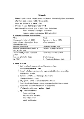 Viroids
 Viroids – Small circular, single standard RNA without protein coat(nucleic acid devoid
of protein coat), consists of 250-370 nucleotides
 Viroid was discovered by Diener (1971)
 1st
viroid disease – Potato spine tuber viroid
 Examples – Potato spindle tuber viroid (357-359 nucleotides)
Citrus exocortosis viroid (371 nucleotides)
Coconut cudang cudang viroid (246 nucleotides)
 Difference between virus and viroid
Virus Viroid
Discovered by Beijerinck (1898) Discovered by Diener (1971)
Infects all types of organisms (both
plants and animals)
Infects only plants
Contains protein coat Contains no protein coat
Contains genetic material as DNA or
RNA, but not both
Only RNA as genetic material
Transmitted by insects, seeds and
pollen
Mainly mechanical or contact
Rod and spherical in shape Circular in shape
Eg - TMV Eg – Potato spindle tuber viroid
 PHYTOPLASMA
 Lack of cell wall, pleomorphic and filamentous shape
 Discovered by Doi et al., 1967
 Initially called as mycoplasma like organisms (MLOs), then renamed as
phytoplasma in 1994
 Contains both DNA and RNA as genetic material
 Size ranges from 0.1 – 1 µm
 Phytoplasma cannot be cultured on artificial media
 Transmitted by leafhoppers, plant hoppers and psyllids but not seeds
 Resistant to penicillin and sensitive to tetracycline
 1st
phytoplasmal disease – Mulberry dwarf
 Eg – Little leaf of brinjal
Sesame phyllody
Coconut lethal yellowing
Rice yellow dwarf
Apple proliferation
 