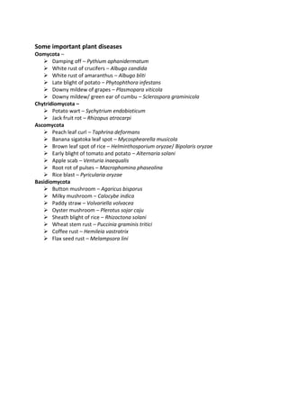 Some important plant diseases
Oomycota –
 Damping off – Pythium aphanidermatum
 White rust of crucifers – Albugo candida
 White rust of amaranthus – Albugo bliti
 Late blight of potato – Phytophthora infestans
 Downy mildew of grapes – Plasmopara viticola
 Downy mildew/ green ear of cumbu – Sclerospora graminicola
Chytridiomycota –
 Potato wart – Sychytrium endobioticum
 Jack fruit rot – Rhizopus atrocarpi
Ascomycota
 Peach leaf curl – Taphrina deformans
 Banana sigatoka leaf spot – Mycosphearella musicola
 Brown leaf spot of rice – Helminthosporium oryzae/ Bipolaris oryzae
 Early blight of tomato and potato – Alternaria solani
 Apple scab – Venturia inaequalis
 Root rot of pulses – Macrophomina phaseolina
 Rice blast – Pyricularia oryzae
Basidiomycota
 Button mushroom – Agaricus bisporus
 Milky mushroom – Calocybe indica
 Paddy straw – Volvariella volvacea
 Oyster mushroom – Plerotus sojar caju
 Sheath blight of rice – Rhizoctona solani
 Wheat stem rust – Puccinia graminis tritici
 Coffee rust – Hemileia vastratrix
 Flax seed rust – Melampsora lini
 