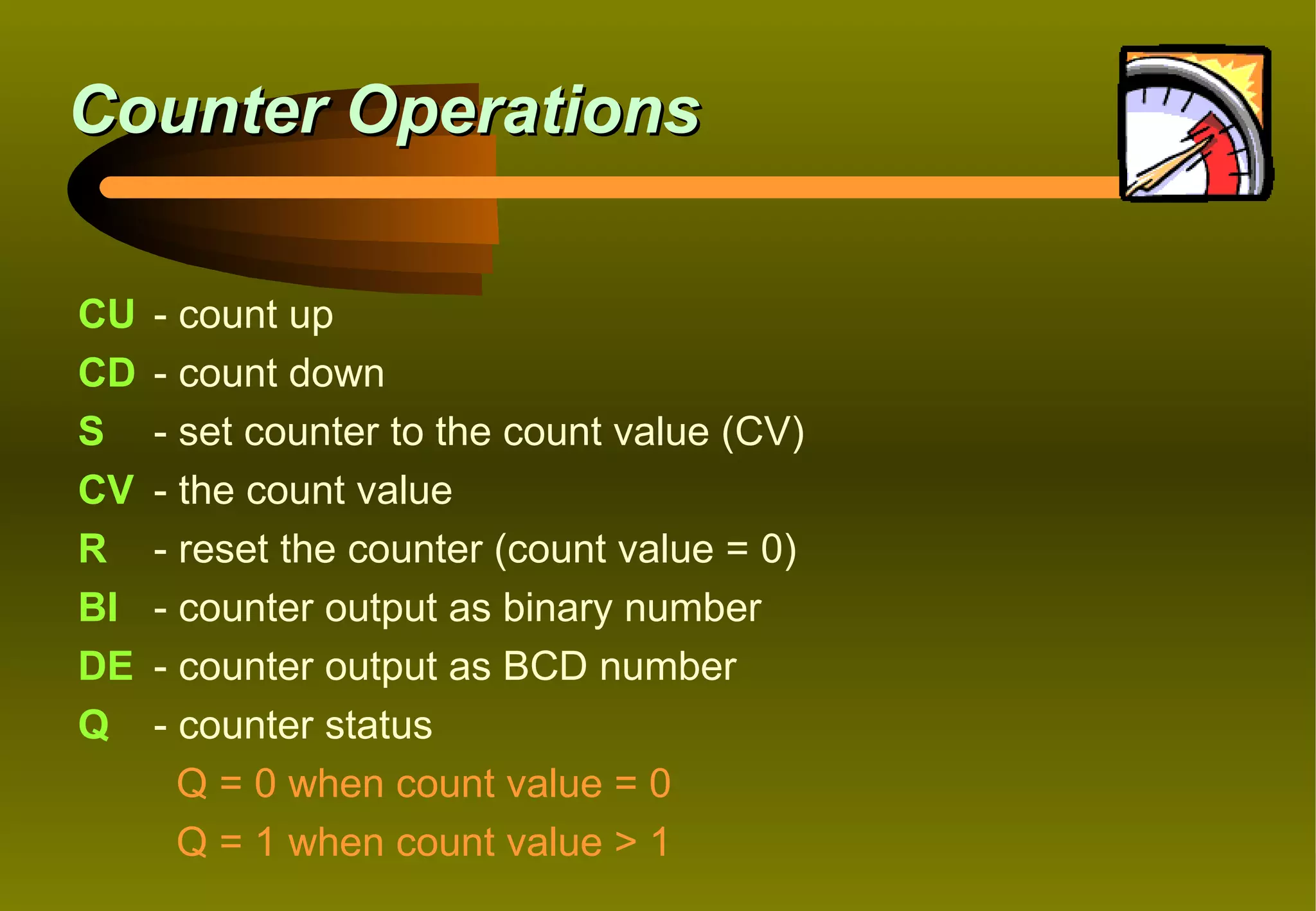 Counter Operations

CU   - count up
CD   - count down
S    - set counter to the count value (CV)
CV   - the count value
R    - reset the counter (count value = 0)
BI   - counter output as binary number
DE   - counter output as BCD number
Q    - counter status
       Q = 0 when count value = 0
       Q = 1 when count value > 1
 
