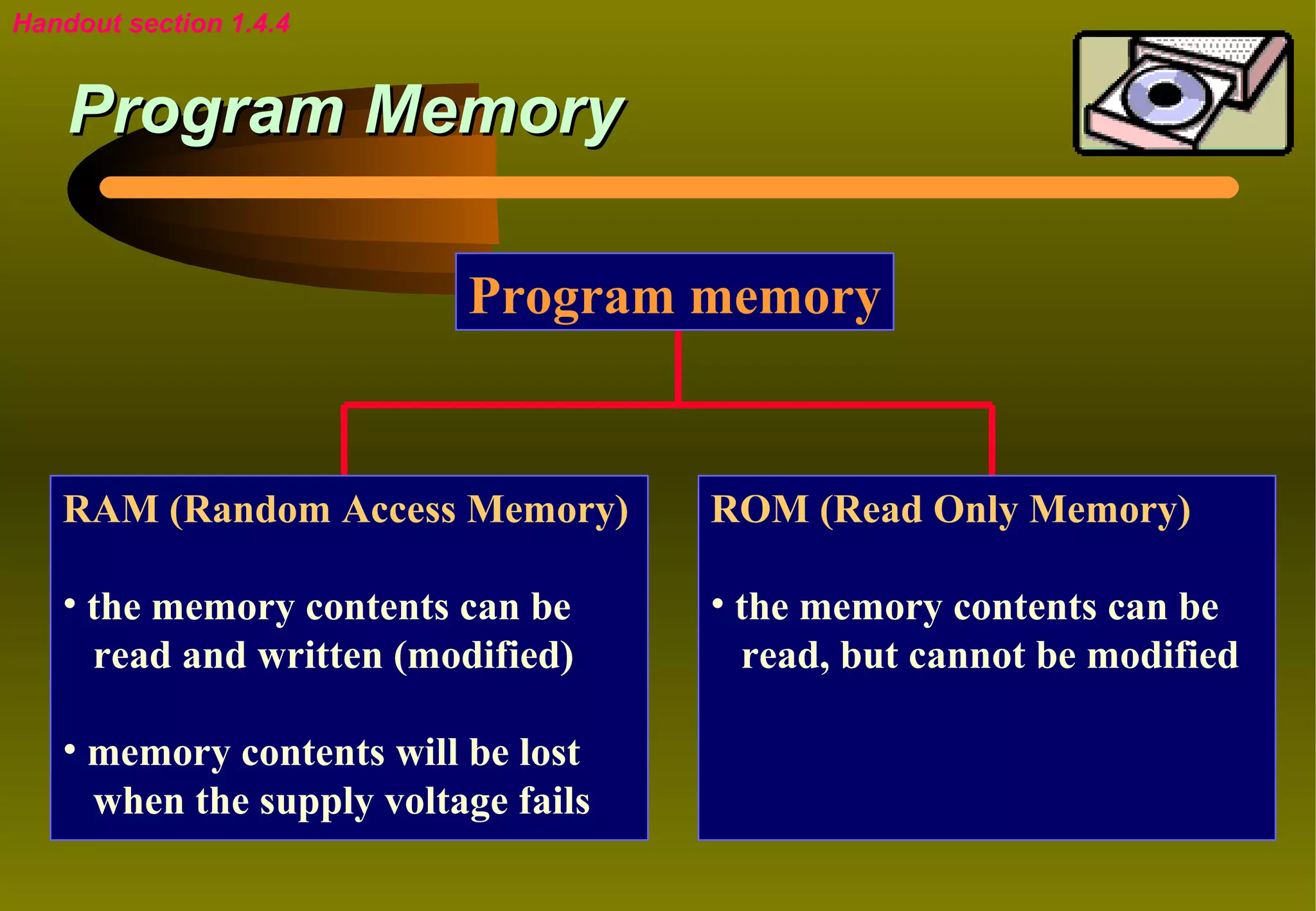 Handout section 1.4.4


    Program Memory

                          Program memory


   RAM (Random Access Memory)        ROM (Read Only Memory)

   • the memory contents can be      • the memory contents can be
     read and written (modified)       read, but cannot be modified

   • memory contents will be lost
     when the supply voltage fails
 