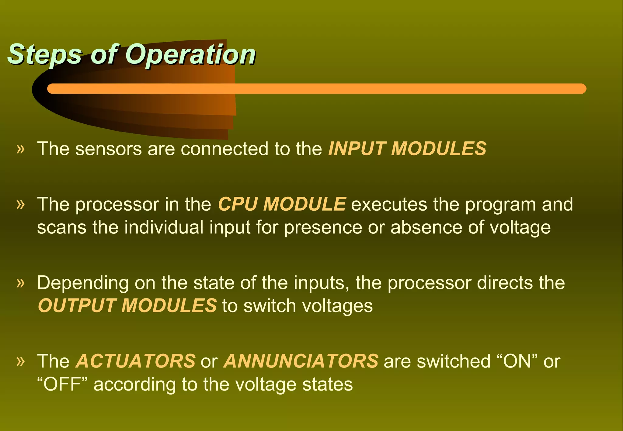Steps of Operation


» The sensors are connected to the INPUT MODULES

» The processor in the CPU MODULE executes the program and
  scans the individual input for presence or absence of voltage

» Depending on the state of the inputs, the processor directs the
  OUTPUT MODULES to switch voltages

» The ACTUATORS or ANNUNCIATORS are switched “ON” or
  “OFF” according to the voltage states
 