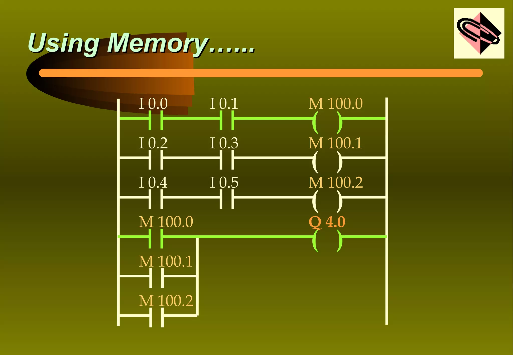 Using Memory…...

       I 0.0     I 0.1   M 100.0
                         ( )
       I 0.2     I 0.3   M 100.1
                         ( )
       I 0.4     I 0.5   M 100.2
                         ( )
       M 100.0           Q 4.0
                         ( )
       M 100.1

       M 100.2
 