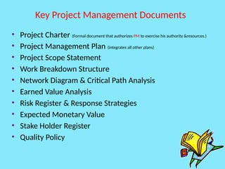 Key Project Management Documents
• Project Charter (Formal document that authorizes PM to exercise his authority &resources.)
• Project Management Plan (integrates all other plans)
• Project Scope Statement
• Work Breakdown Structure
• Network Diagram & Critical Path Analysis
• Earned Value Analysis
• Risk Register & Response Strategies
• Expected Monetary Value
• Stake Holder Register
• Quality Policy
 