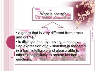 What is poetry? a genre that is very different from prose and drama.