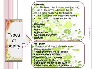 Uses words, pictures, to build sensory impressions and create imagesPlays with the sounds of words and rhythms of phrasesCharacteristics of a poemUsually intended to be read aloudCompresses ideasMeant to reveal the poet’s feelingsTells about ordinary eventsMay stir up readers’ feelingsZAK - SASER 2010
