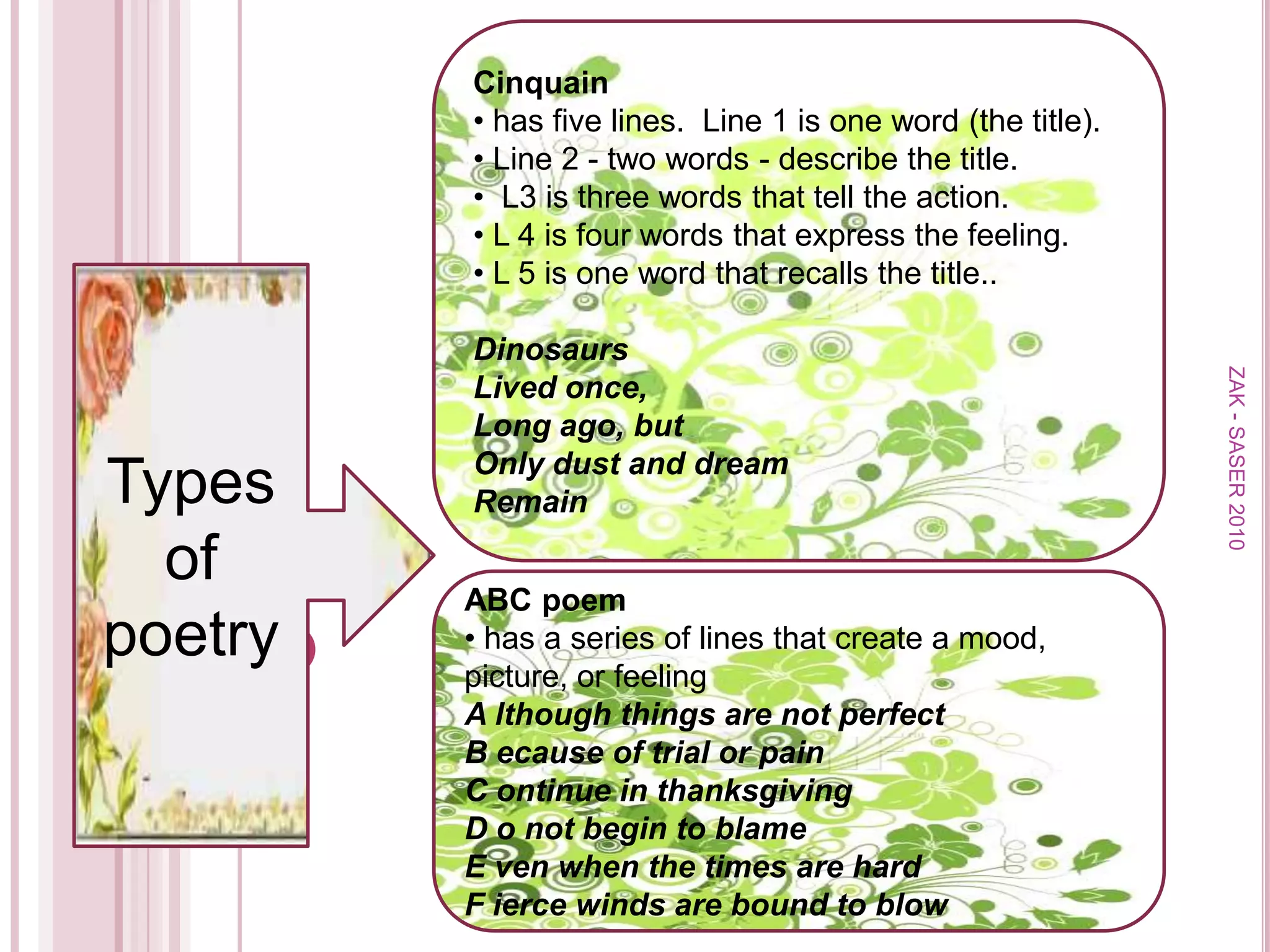Uses words, pictures, to build sensory impressions and create imagesPlays with the sounds of words and rhythms of phrasesCharacteristics of a poemUsually intended to be read aloudCompresses ideasMeant to reveal the poet’s feelingsTells about ordinary eventsMay stir up readers’ feelingsZAK - SASER 2010