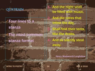 QUATRAIN
Four lines to a
stanza
The most common
stanza format
1. And the night shall
be filled with music,
2. And the cares that
infest the day,
3. Shall fold their tents,
like the Arabs,
4. And as silently steal
away.
Henry Wadsworth Longfellow
REV 4/2016INTRO TO POETRY 24
 