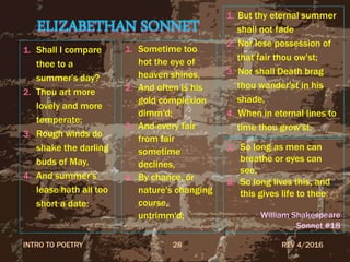 ELIZABETHAN SONNET
1. Shall I compare
thee to a
summer's day?
2. Thou art more
lovely and more
temperate:
3. Rough winds do
shake the darling
buds of May,
4. And summer's
lease hath all too
short a date:
1. Sometime too
hot the eye of
heaven shines,
2. And often is his
gold complexion
dimm'd;
3. And every fair
from fair
sometime
declines,
4. By chance, or
nature's changing
course,
untrimm'd;
1. But thy eternal summer
shall not fade
2. Nor lose possession of
that fair thou ow'st;
3. Nor shall Death brag
thou wander'st in his
shade,
4. When in eternal lines to
time thou grow'st;
REV 4/2016INTRO TO POETRY 28
1. So long as men can
breathe or eyes can
see,
2. So long lives this, and
this gives life to thee.
William Shakespeare
Sonnet #18
 