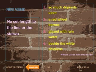 FREE VERSE
No set length to
the line or the
stanza
1. so much depends
upon
2. a red wheel
barrow
3. glazed with rain
water
4. beside the white
chickens
William Carlos Williams-no title
REV 4/2016INTRO TO POETRY 30Return to Links
 
