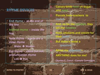 RHYME DEVICES
End rhyme – at the end of
the line
Internal rhyme – inside the
line
Near rhyme – words are a
close rhyme
Water  Washer
Eye rhyme – visual but not
pronunciation rhyme
Lint  Pint
1. Canary-birds feed on sugar
and seed,
2. Parrots have crackers to
crunch;
3. And, as for the poodles, they
tell me noodles
4. Have chickens and cream for
their lunch.
5. But there’s never a
question
6. About my digestion---
7. ANYTHING does for me!
Charles E. Carryl –Camels Complaint
REV 4/2016INTRO TO POETRY 35
 