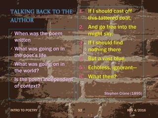 TALKING BACK TO THE
AUTHOR
When was the poem
written
What was going on in
the poet’s life
What was going on in
the world?
Is the poem independent
of context?
1. If I should cast off
this tattered coat,
2. And go free into the
might sky:
3. If I should find
nothing there
4. But a vast blue,
5. Echoless, ignorant—
6. What then?
Stephen Crane (1895)
REV 4/2016INTRO TO POETRY 52
 