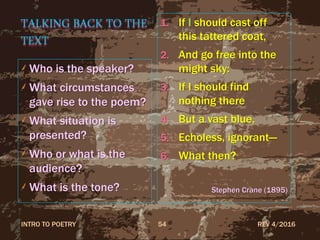 TALKING BACK TO THE
TEXT
Who is the speaker?
What circumstances
gave rise to the poem?
What situation is
presented?
Who or what is the
audience?
What is the tone?
1. If I should cast off
this tattered coat,
2. And go free into the
might sky:
3. If I should find
nothing there
4. But a vast blue,
5. Echoless, ignorant—
6. What then?
Stephen Crane (1895)
REV 4/2016INTRO TO POETRY 54
 