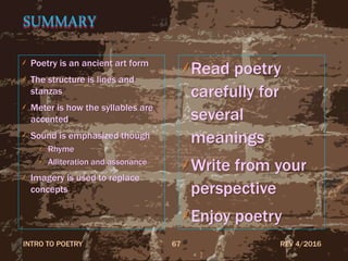 SUMMARY
Poetry is an ancient art form
The structure is lines and
stanzas
Meter is how the syllables are
accented
Sound is emphasized though
Rhyme
Alliteration and assonance
Imagery is used to replace
concepts
Read poetry
carefully for
several
meanings
Write from your
perspective
Enjoy poetry
REV 4/2016INTRO TO POETRY 67
 