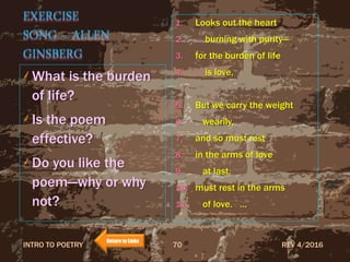 EXERCISE
SONG – ALLEN
GINSBERG
What is the burden
of life?
Is the poem
effective?
Do you like the
poem—why or why
not?
1. Looks out the heart
2. burning with purity—
3. for the burden of life
4. is love,
5. But we carry the weight
6. wearily,
7. and so must rest
8. in the arms of love
9. at last,
10. must rest in the arms
11. of love. …
REV 4/2016INTRO TO POETRY 70
Return to Links
 