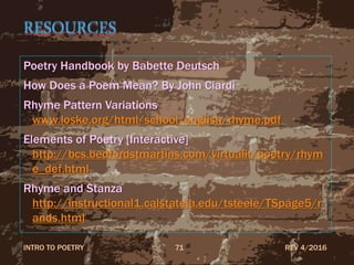 RESOURCES
Poetry Handbook by Babette Deutsch
How Does a Poem Mean? By John Ciardi
Rhyme Pattern Variations
www.loske.org/html/school/english/rhyme.pdf
Elements of Poetry [Interactive]
http://bcs.bedfordstmartins.com/virtualit/poetry/rhym
e_def.html
Rhyme and Stanza
http://instructional1.calstatela.edu/tsteele/TSpage5/r
ands.html
REV 4/2016INTRO TO POETRY 71
 