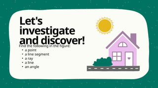 Find the following in the figure:
• a point
• a line segment
• a ray
• a line
• an angle
Let's
investigate
and discover!
 