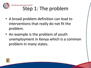 Step 1: The problem
• A broad problem definition can lead to
interventions that really do not fit the
problem.
• An example is the problem of youth
unemployment in Kenya which is a common
problem in many states.
6
 