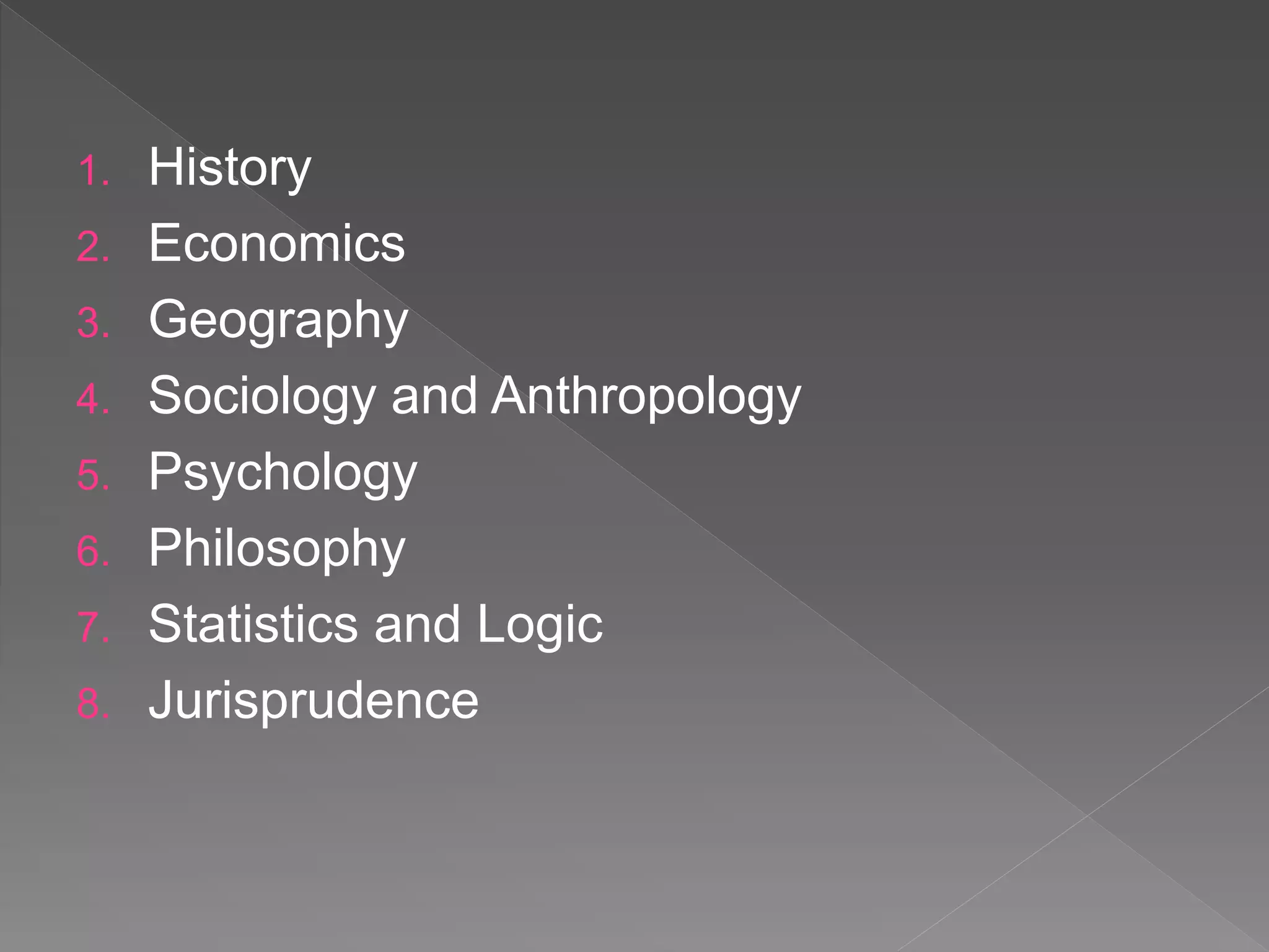 1. History
2. Economics
3. Geography
4. Sociology and Anthropology
5. Psychology
6. Philosophy
7. Statistics and Logic
8. Jurisprudence
 