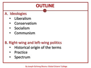 OUTLINE
A. Ideologies
   • Liberalism
   • Conservatism
   • Socialism
   • Communism

B. Right-wing and left-wing politics
   • Historical origin of the terms
   • Practice
   • Spectrum

             By Joseph Ochieng Okumu: Global Citizens’ College
 