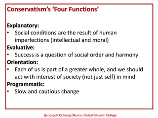Conservatism’s ‘Four Functions’

Explanatory:
• Social conditions are the result of human
   imperfections (intellectual and moral)
Evaluative:
• Success is a question of social order and harmony
Orientation:
• Each of us is part of a greater whole, and we should
   act with interest of society (not just self) in mind
Programmatic:
• Slow and cautious change


               By Joseph Ochieng Okumu: Global Citizens’ College
 