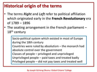 Historical origin of the terms
• The terms Right and Left refer to political affiliation
  which originated early in the French Revolutionary era
  of 1789 – 1896
• The seating arrangement in the French parliament –
  18th century
     Socio-political system which existed in most of Europe
     during the 18th century
     Countries were ruled by absolutism – the monarch had
     absolute control over the government
     Classes of people – privileged and unprivileged
     Unprivileged people – paid taxes and treated badly
     Privileged people – did not pay taxes and treated well

                By Joseph Ochieng Okumu: Global Citizens’ College
 