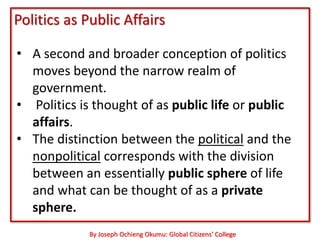 Politics as Public Affairs

• A second and broader conception of politics
  moves beyond the narrow realm of
  government.
• Politics is thought of as public life or public
  affairs.
• The distinction between the political and the
  nonpolitical corresponds with the division
  between an essentially public sphere of life
  and what can be thought of as a private
  sphere.
            By Joseph Ochieng Okumu: Global Citizens’ College
 