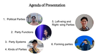 Agenda of Presentation
1. Political Parties
2. Party Functions
3. Party Systems
4. Kinds of Parties
5. Left-wing and
Right- wing Parties
6. Forming parties
 