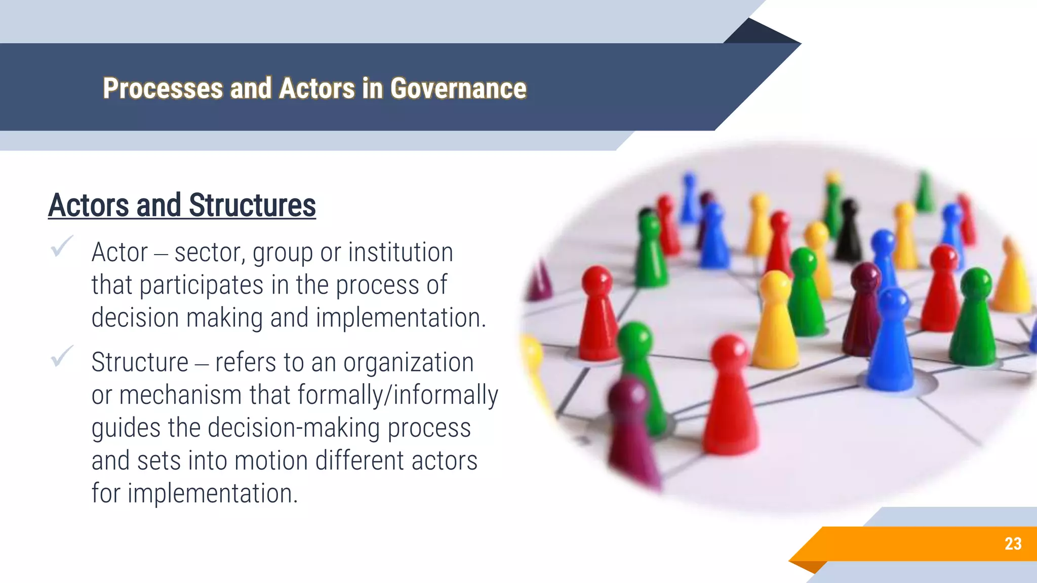 Processes and Actors in Governance
Actors and Structures
 Actor – sector, group or institution
that participates in the process of
decision making and implementation.
 Structure – refers to an organization
or mechanism that formally/informally
guides the decision-making process
and sets into motion different actors
for implementation.
23
 