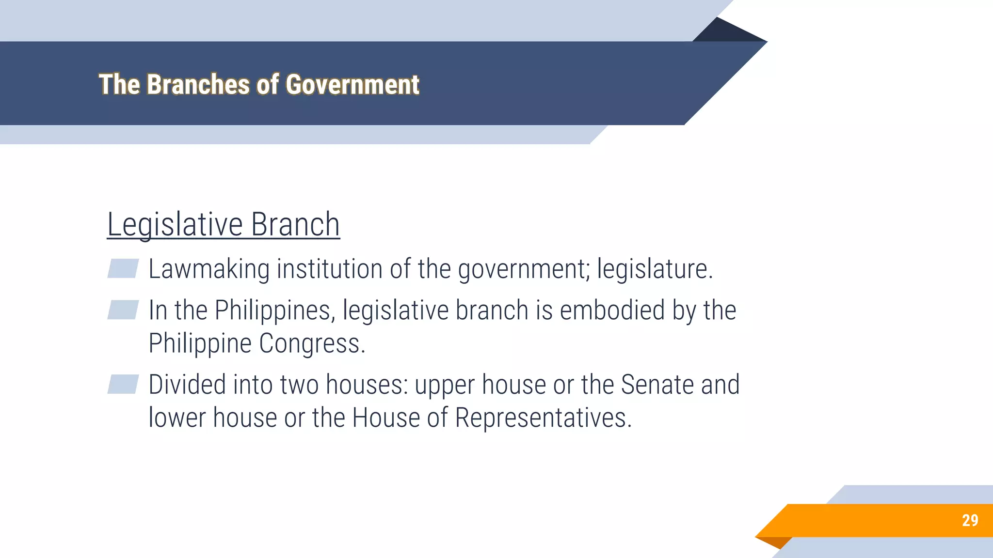 The Branches of Government
Legislative Branch
▰ Lawmaking institution of the government; legislature.
▰ In the Philippines, legislative branch is embodied by the
Philippine Congress.
▰ Divided into two houses: upper house or the Senate and
lower house or the House of Representatives.
29
 