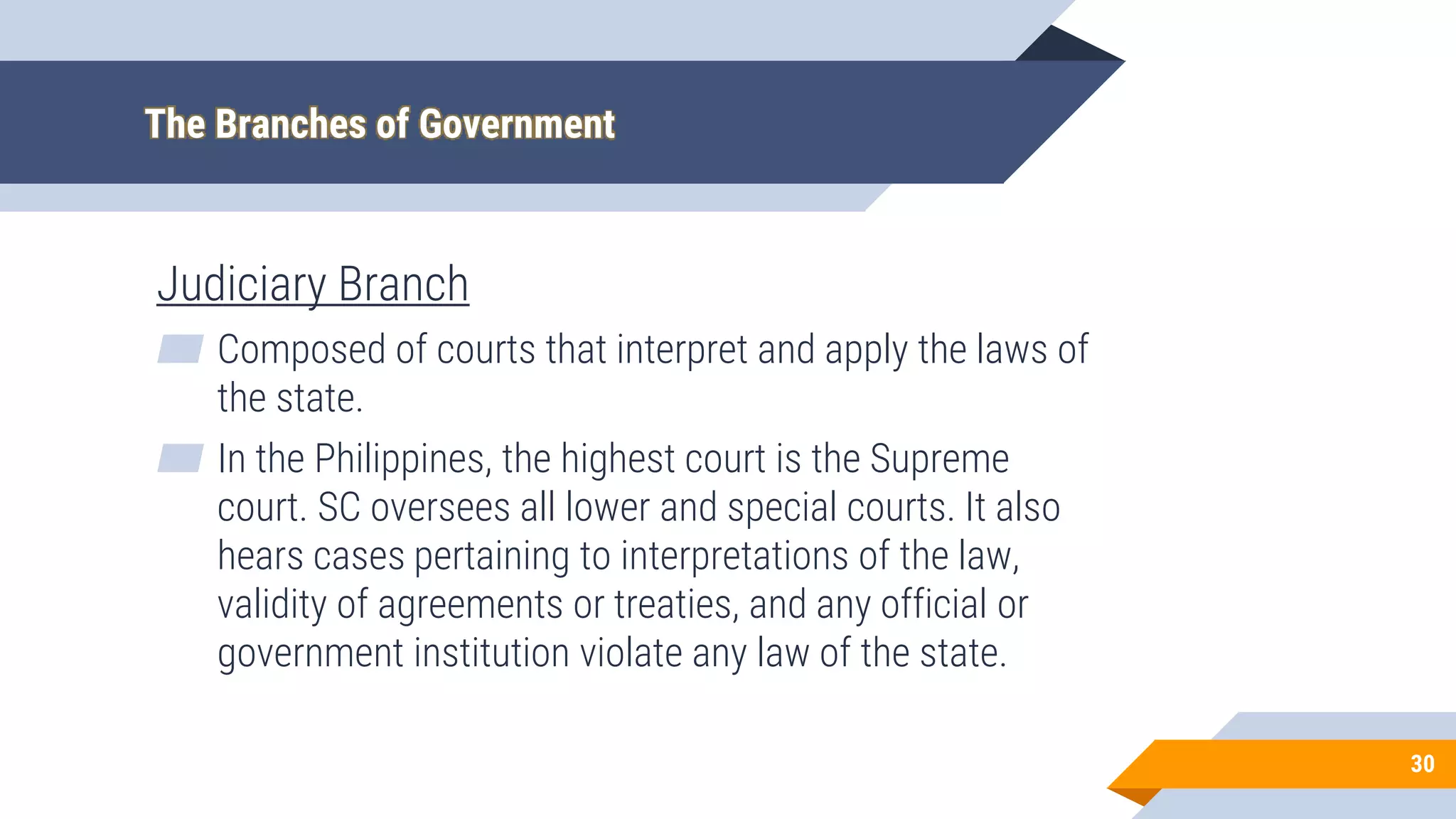 The Branches of Government
Judiciary Branch
▰ Composed of courts that interpret and apply the laws of
the state.
▰ In the Philippines, the highest court is the Supreme
court. SC oversees all lower and special courts. It also
hears cases pertaining to interpretations of the law,
validity of agreements or treaties, and any official or
government institution violate any law of the state.
30
 