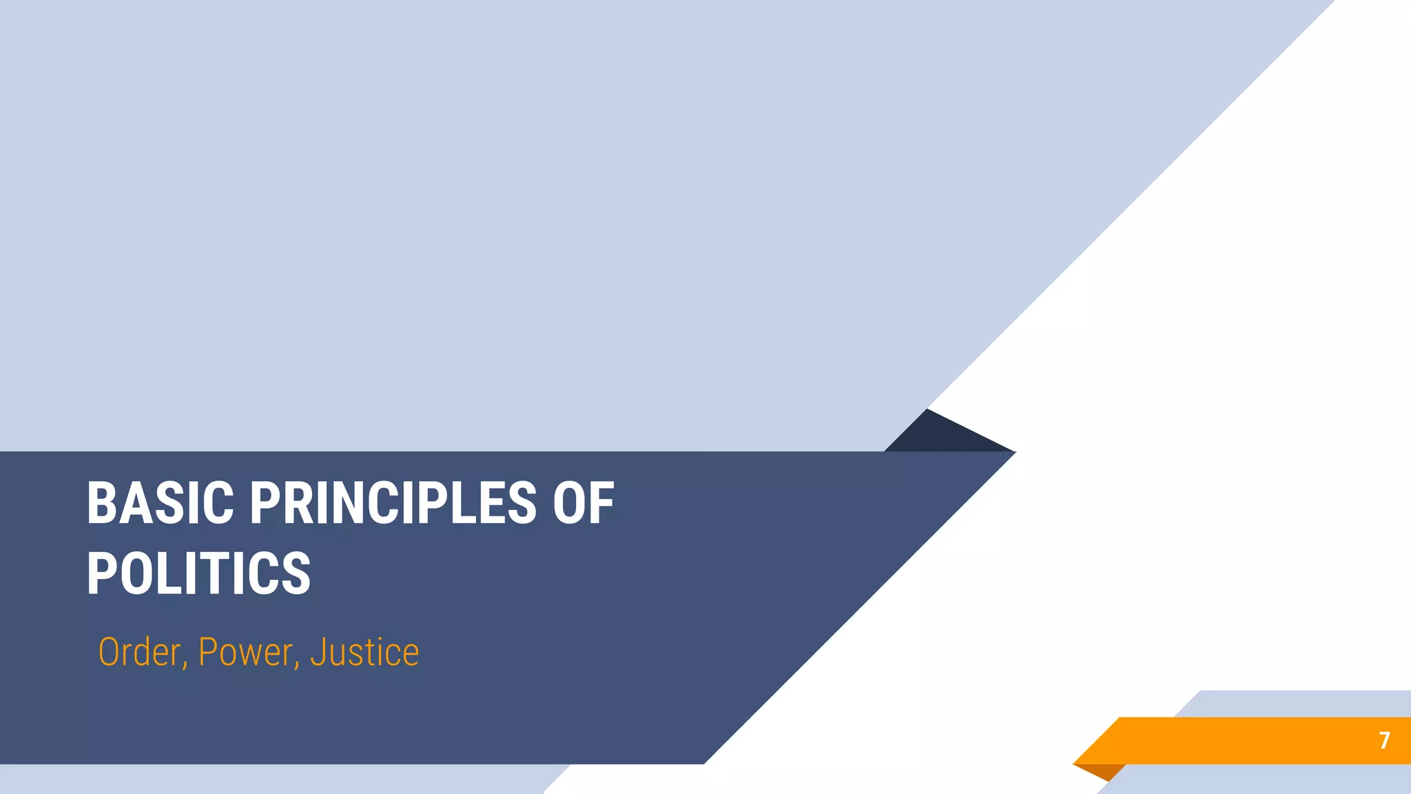 BASIC PRINCIPLES OF
POLITICS
Order, Power, Justice
7
 