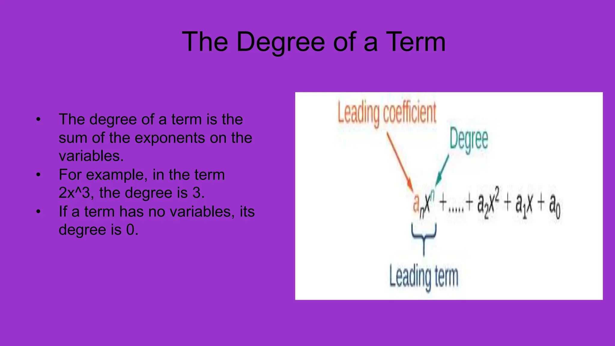 The Degree of a Term
• The degree of a term is the
sum of the exponents on the
variables.
• For example, in the term
2x^3, the degree is 3.
• If a term has no variables, its
degree is 0.
 