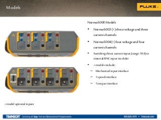 Models
Norma6000Models
• Norma6003(+) threevoltageandthree
currentchannels
• Norma6004(+)fourvoltageandfour
currentchannels
• Switching direct currentinput (range:10A)to
external BNCinput via slider
• + models include:
– Mechanical input interface
– 1 speed interface
– 1torque interface
+ model optional inputs
7
 
