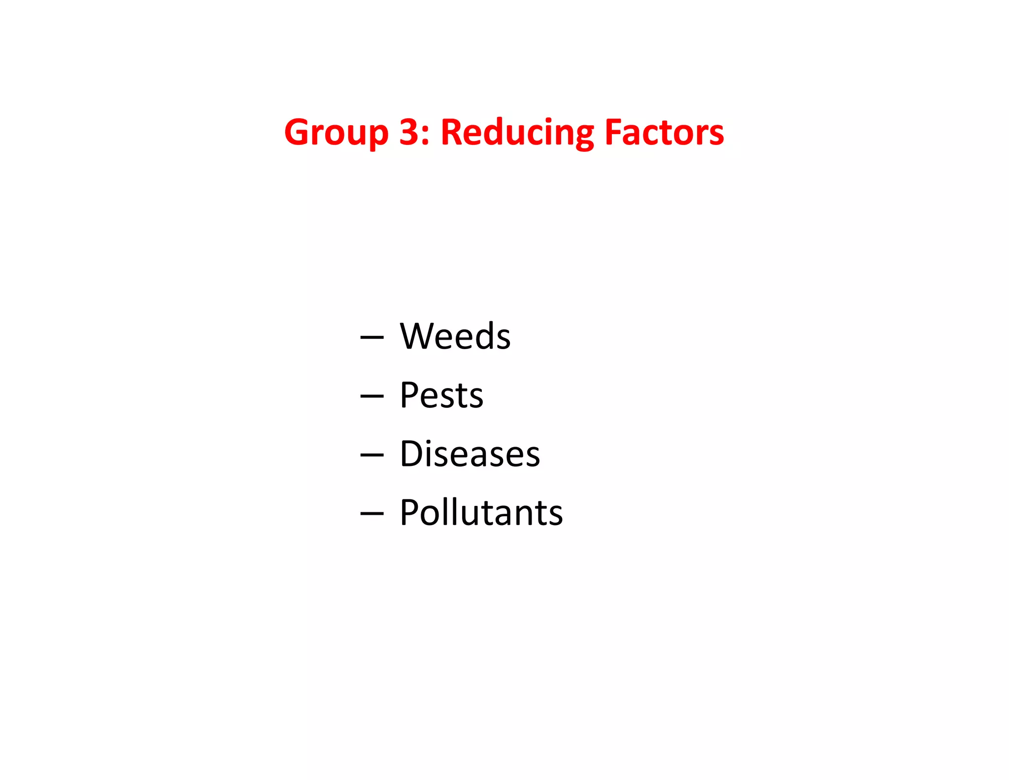 Group 3: Reducing Factors
– Weeds
– Pests
– Diseases
– Pollutants
 